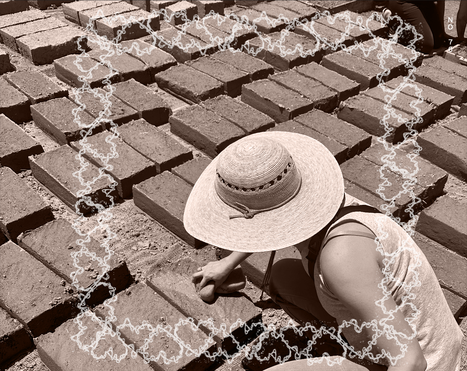 Woman wearing a straw hat keeps adobes wet with sponge in Albuquerque, New Mexico